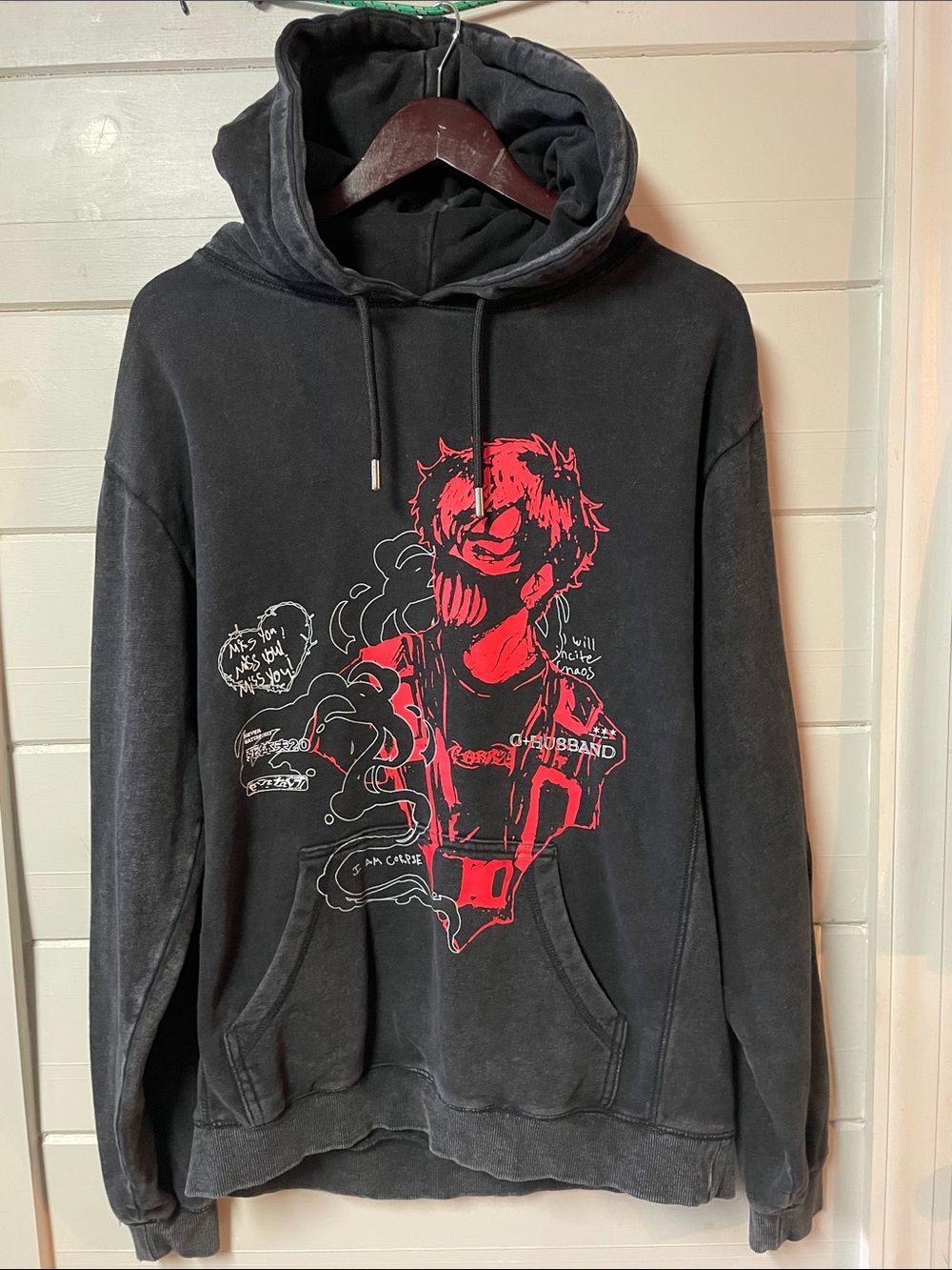Corpse Husband Miss You Graphic Unisex Pullover Acid Wash Black Sweatshirt  M.